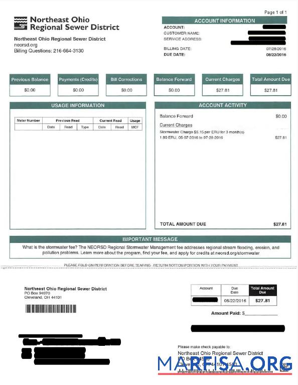 Printable USA NRTHEAST OHIO REGIONAL SEWER DISTRICT utility bill Word and PDF template
